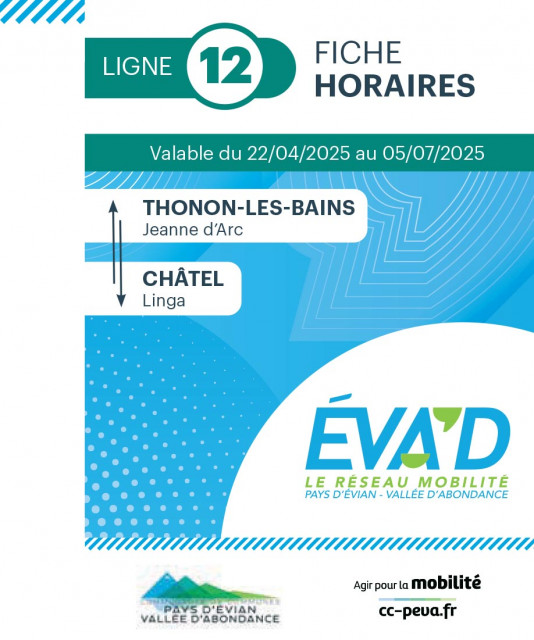 Timetable for line 12 buses between Châtel and Thonon from 22nd of April  to 5th of July 2025