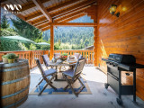 Terrasse ombragée avec grande table et barbecue