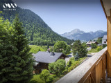 Vue sur les montagnes et la vallée depuis le balcon en été