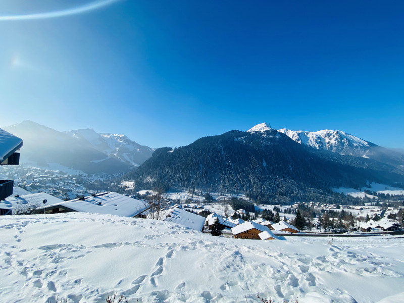 Vue panoramique sur le village et les montagnes sous la neige