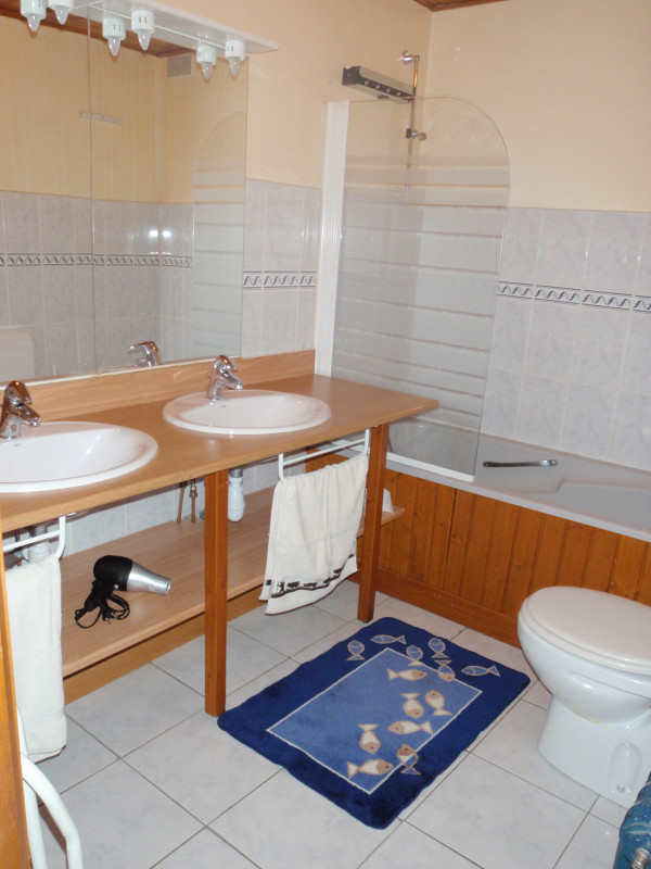 Salle de bains, double vasque avec son meuble, grand miroir, baignoire, wc